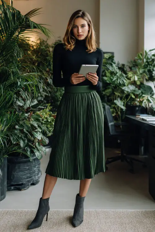 A woman wears a dark green pleated skirt with a fitted black sweater and heeled ankle boots, holding a tablet while standing in an office decorated with indoor plants 