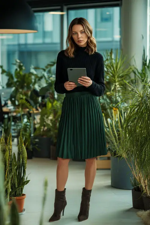 A woman wears a dark green pleated skirt with a fitted black sweater and heeled ankle boots, holding a tablet while standing in an office decorated with indoor plants