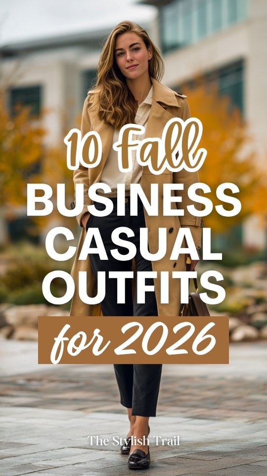 A woman wears a fall business casual outfit with a camel trench coat layered over a cream blouse and black slim trousers with heeled loafers