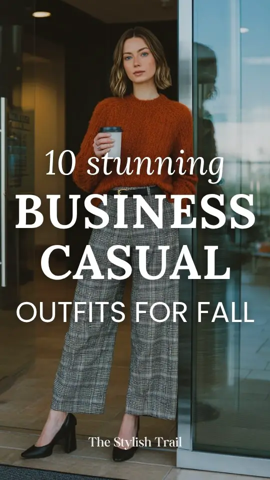 A woman wears a fall business casual outfit with a rust-colored knit sweater tucked into plaid wide-leg trousers with block-heel shoes
