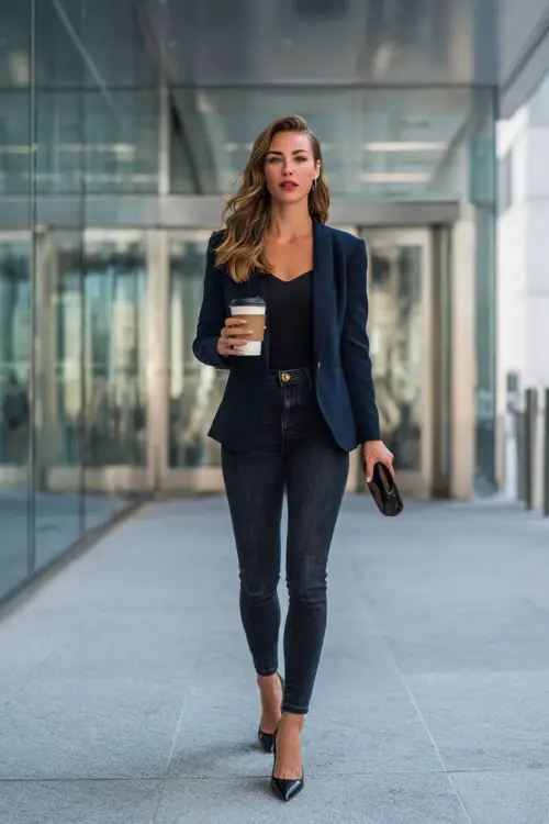 A woman wears a fitted navy blazer over a black top with slim black jeans and pointed-toe heels, carrying a coffee cup while walking outside a modern glass office building 