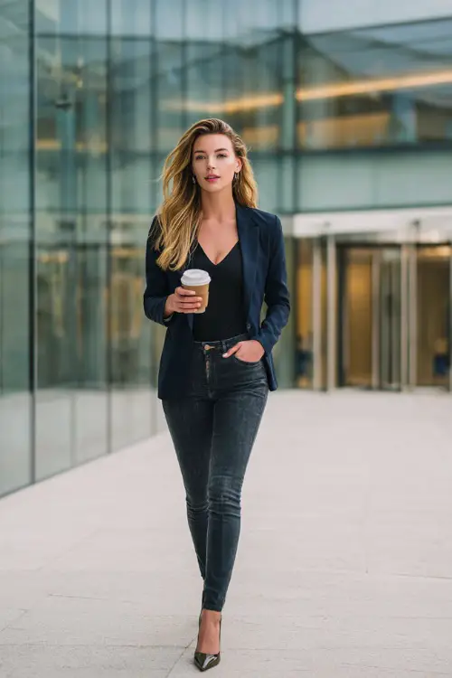 A woman wears a fitted navy blazer over a black top with slim black jeans and pointed-toe heels, carrying a coffee cup while walking outside a modern glass office building