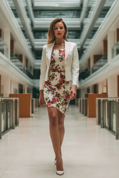 A woman wears a floral knee-length dress with a tailored white blazer and low heels, walking confidently through a glass office atrium 