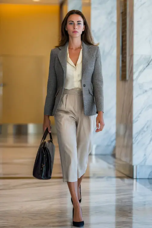 A woman wears a gray wool blazer with a cream blouse and cropped trousers, accessorized with black pumps and a structured bag, walking through a marble office lobby