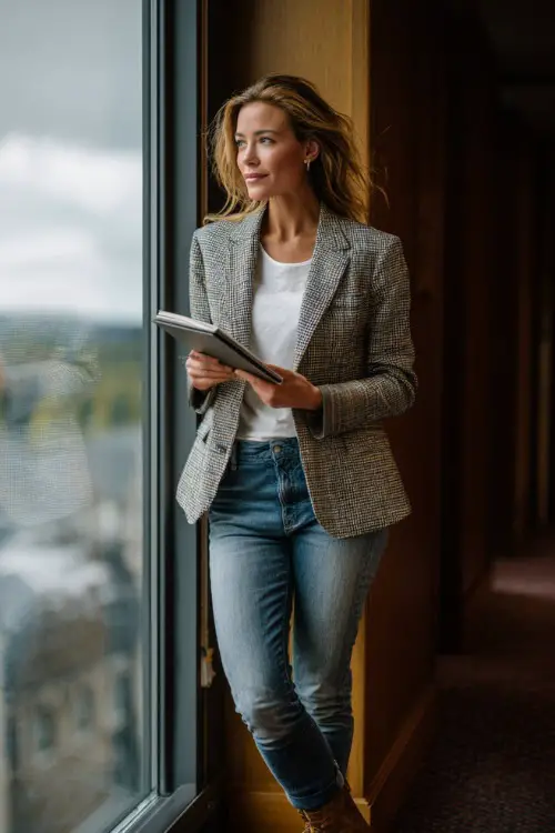 A woman wears a grey checked blazer over a white tee with slim blue jeans and ankle boots, holding a notebook while standing by an office window 