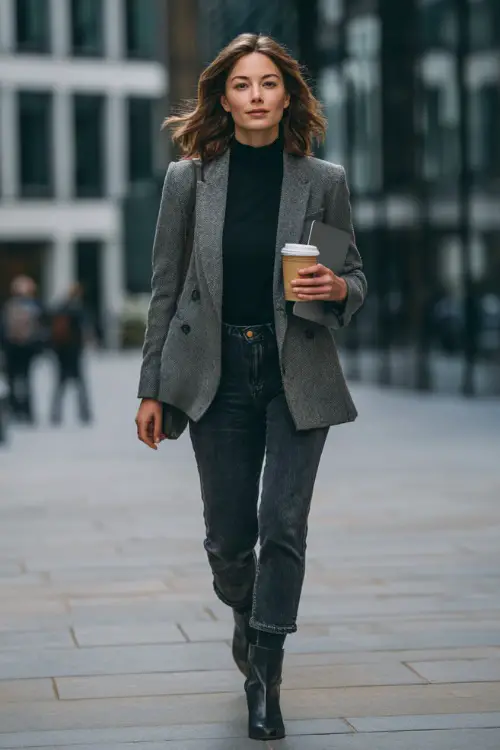 A woman wears a grey wool blazer layered over a black turtleneck and dark jeans with ankle boots, holding a coffee and laptop while walking through an urban business district