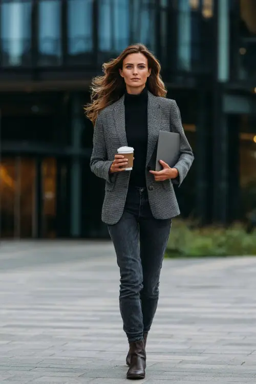 A woman wears a grey wool blazer layered over a black turtleneck and dark jeans with ankle boots