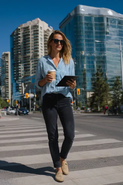 A woman wears a light blue blouse tucked into black jeans with beige loafers, holding a coffee and tablet while walking across a downtown crosswalk near office towers