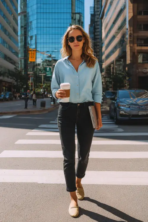 A woman wears a light blue blouse tucked into black jeans with beige loafers, holding a coffee and tablet while walking across a downtown crosswalk near office towers 