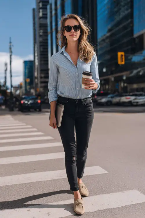 A woman wears a light blue blouse tucked into black jeans with beige loafers, holding a coffee and tablet while walking across a downtown crosswalk near office towers