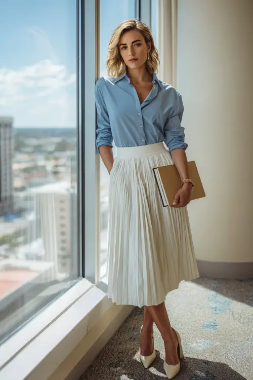 A woman wears a light blue button-up shirt tucked into a pleated white midi skirt with block-heel shoes, holding a notebook while standing beside an office window