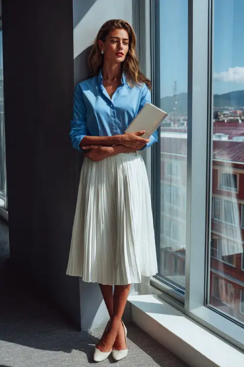 A woman wears a light blue button-up shirt tucked into a pleated white midi skirt with block-heel shoes, holding a notebook while standing beside an office window