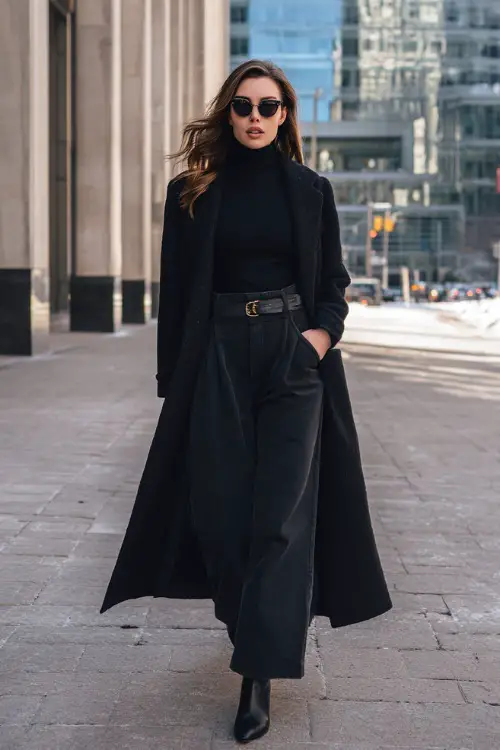 A woman wears a long black wool coat layered over a turtleneck and wide-leg trousers, accessorized with a sleek belt and heeled boots 