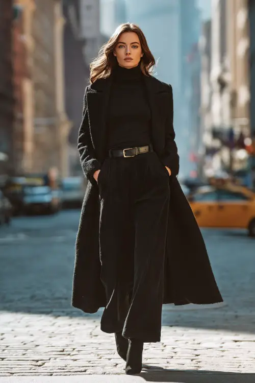 A woman wears a long black wool coat layered over a turtleneck and wide-leg trousers, accessorized with a sleek belt and heeled boots