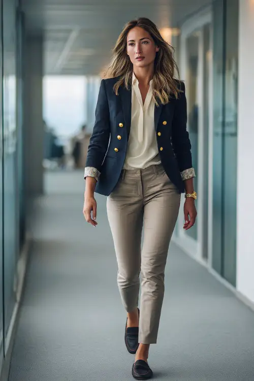 A woman wears a navy blazer with gold buttons over a cream blouse and slim trousers, accessorized with loafers and a gold wristwatch