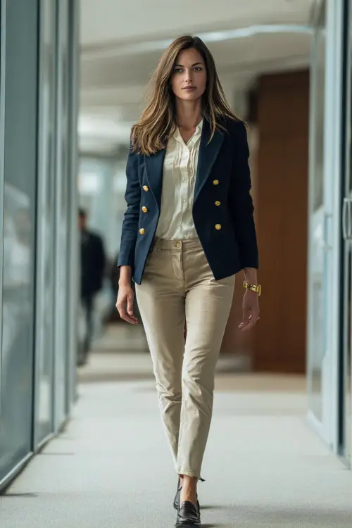 A woman wears a navy blazer with gold buttons over a cream blouse and slim trousers, accessorized with loafers and a gold wristwatch