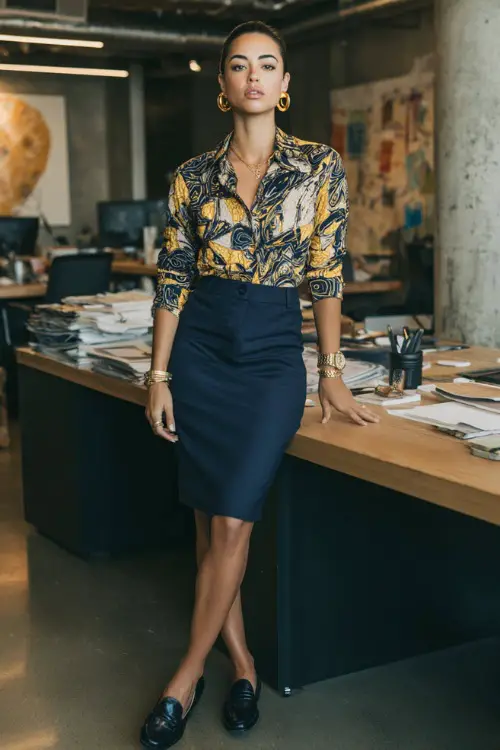 A woman wears a navy pencil skirt with a patterned blouse and loafers, accessorized with gold hoop earrings and a watch, standing near a desk in a co-working office 