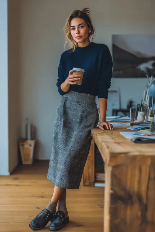 A woman wears a navy sweater tucked into a grey plaid midi skirt with tights and loafers, holding a coffee cup while standing beside a desk in a warm