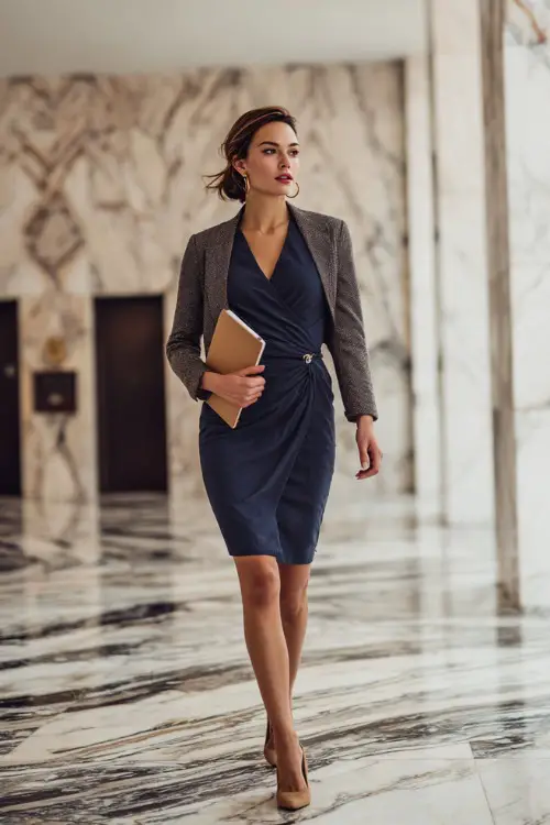 A woman wears a navy wrap dress paired with a gray wool blazer and tan pumps, holding a notebook while walking across a marble office lobby