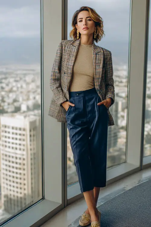 A woman wears a plaid blazer over a beige knit top and navy ankle-length trousers, accessorized with gold earrings and loafers, standing near a large office window with city views 
