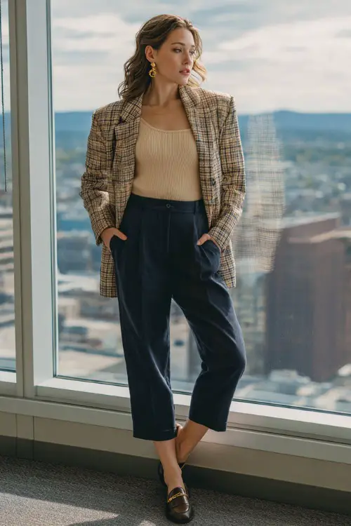 A woman wears a plaid blazer over a beige knit top and navy ankle-length trousers, accessorized with gold earrings and loafers, standing near a large office window with city views