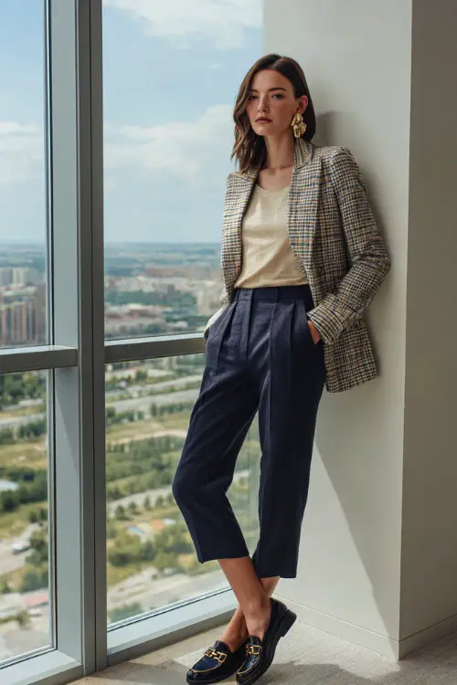 A woman wears a plaid blazer over a beige knit top and navy ankle-length trousers, accessorized with gold earrings and loafers