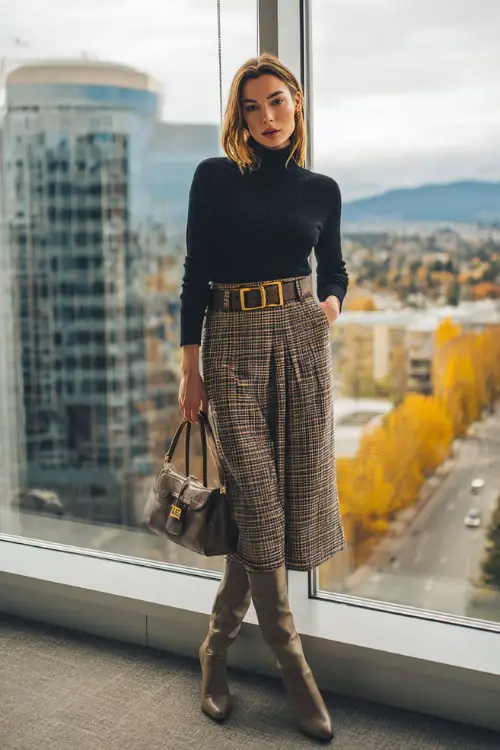 A woman wears a plaid midi skirt with a fitted black sweater and heeled boots, accessorized with a leather belt and handbag 