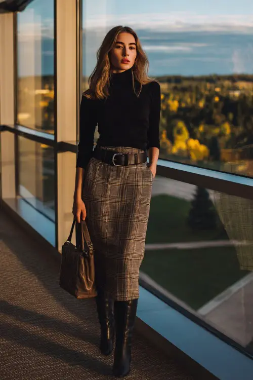 A woman wears a plaid midi skirt with a fitted black sweater and heeled boots, accessorized with a leather belt and handbag
