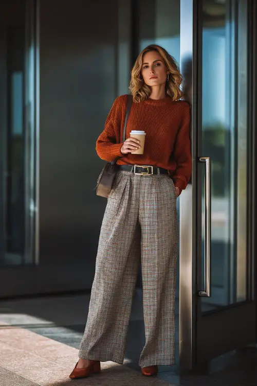 A woman wears a rust-colored knit sweater tucked into plaid wide-leg trousers with block-heel shoes, holding a coffee cup while standing near a glass office entrance 