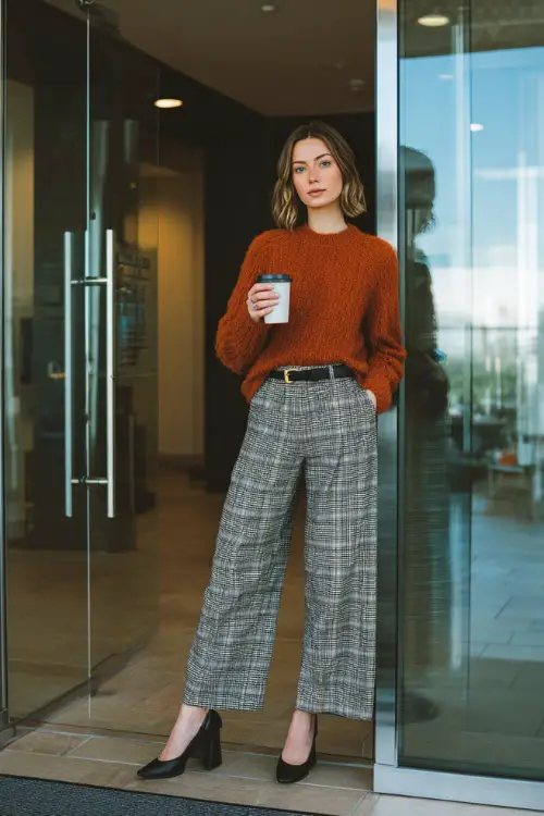 A woman wears a rust-colored knit sweater tucked into plaid wide-leg trousers with block-heel shoes, holding a coffee cup while standing near a glass office entrance