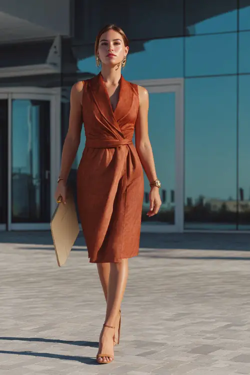 A woman wears a rust-colored midi wrap dress with heeled mules and a gold watch, holding a laptop and handbag while crossing a business plaza