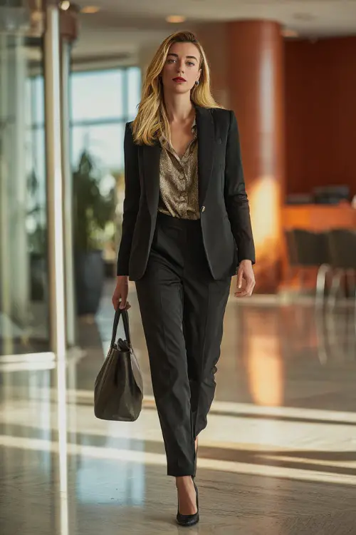A woman wears a tailored black blazer over a silk blouse with slim black trousers and pointed heels 