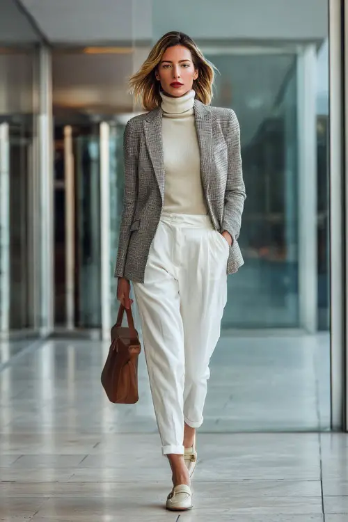A woman wears a tailored light gray blazer over a cream turtleneck and white trousers with loafers