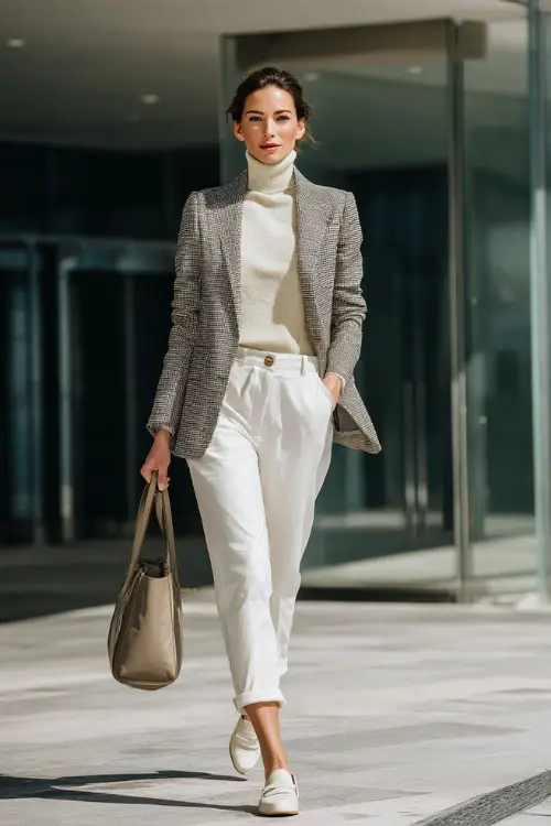 A woman wears a tailored light gray blazer over a cream turtleneck and white trousers with loafers