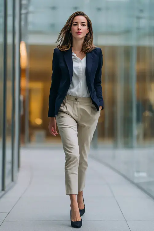 A woman wears a tailored navy blazer with a white blouse and beige trousers, paired with black pumps, walking confidently through a modern glass office building
