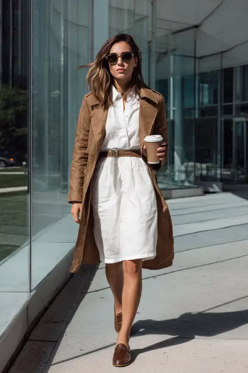 A woman wears a white belted dress with a camel trench coat and loafers, carrying a coffee cup while walking near an office building with glass walls 