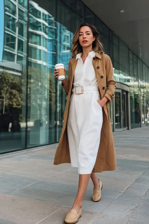 A woman wears a white belted dress with a camel trench coat and loafers, carrying a coffee cup while walking near an office building with glass walls
