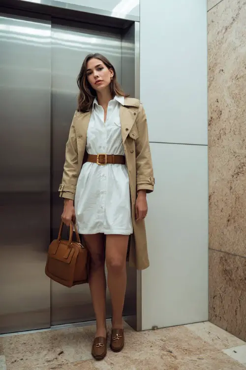 A woman wears. a white belted shirt dress with a camel trench coat and loafers, carrying a structured handbag while standing near an office elevator 