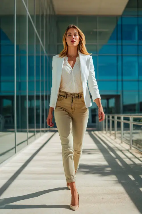 A woman wears a white blazer with a pastel blouse and cropped jeans, paired with slingback shoes, walking across an office plaza with sunlight reflecting on glass walls