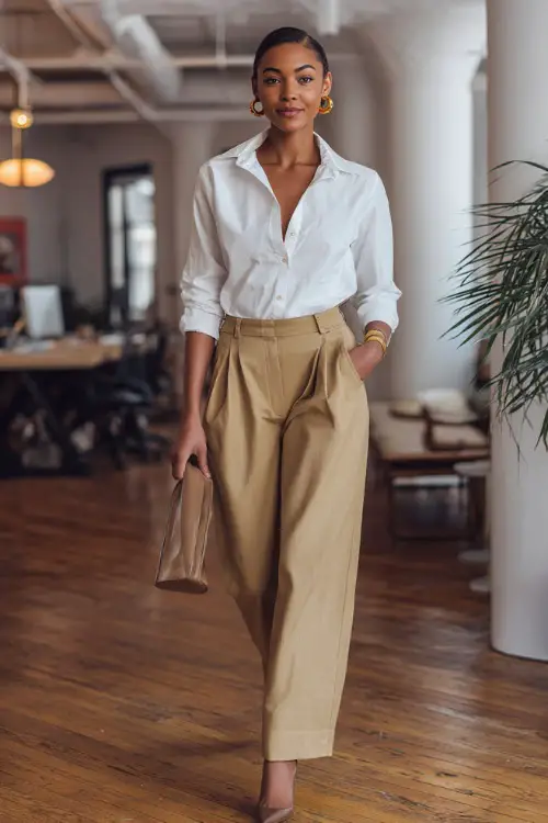 A woman wears a white button-up shirt tucked into camel wide-leg trousers with brown heels, accessorized with gold hoop earrings and a crossbody bag