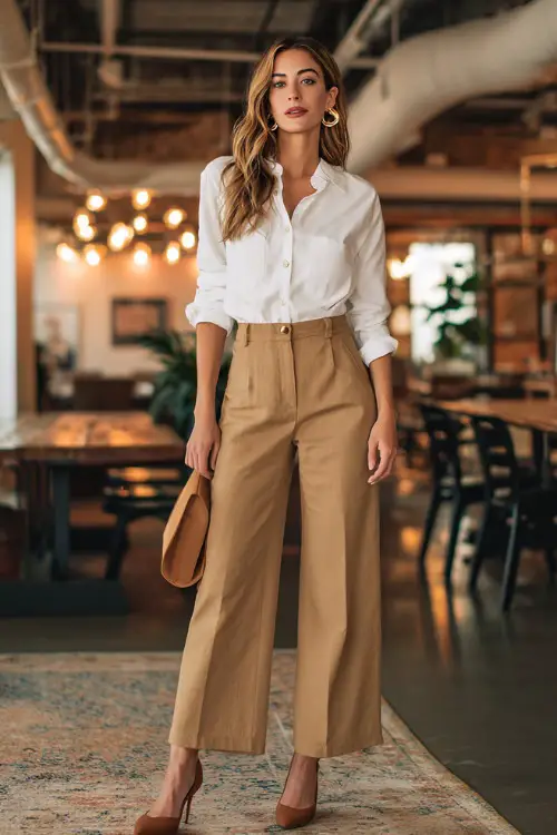 A woman wears a white button-up shirt tucked into camel wide-leg trousers with brown heels, accessorized with gold hoop earrings and a crossbody bag
