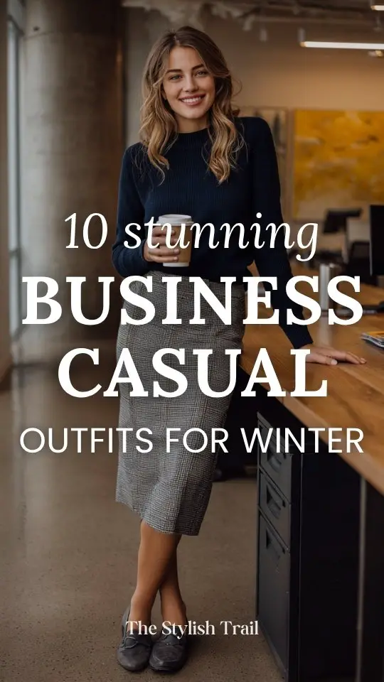 A woman wears a winter business casual outfit with a navy sweater tucked into a grey plaid midi skirt with tights and loafers