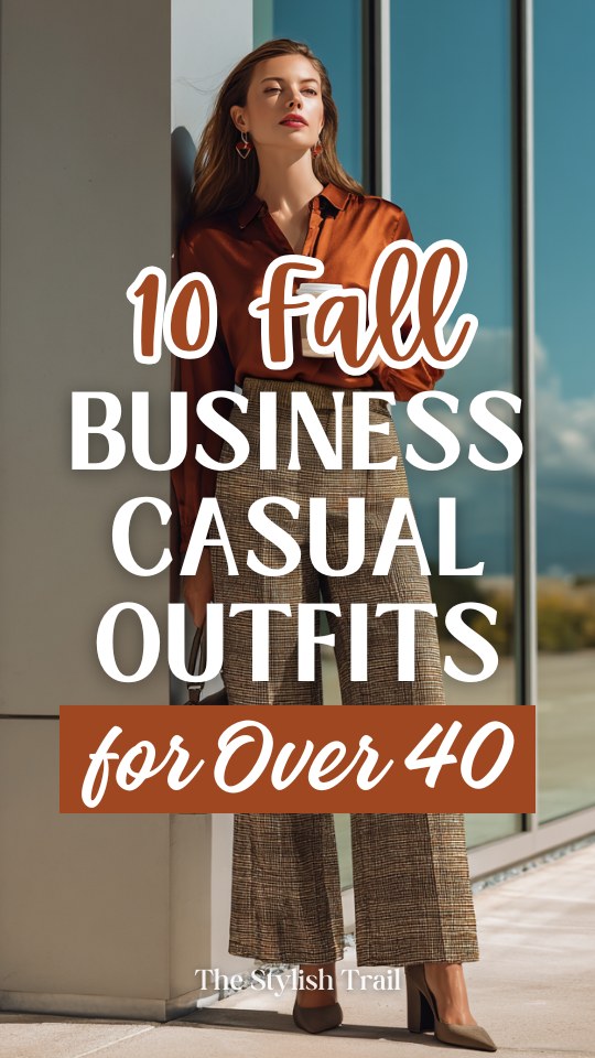 a woman over 40 wears a fall business casual outfit with a rust-colored silk blouse tucked into plaid wide-leg trousers with block-heel shoes