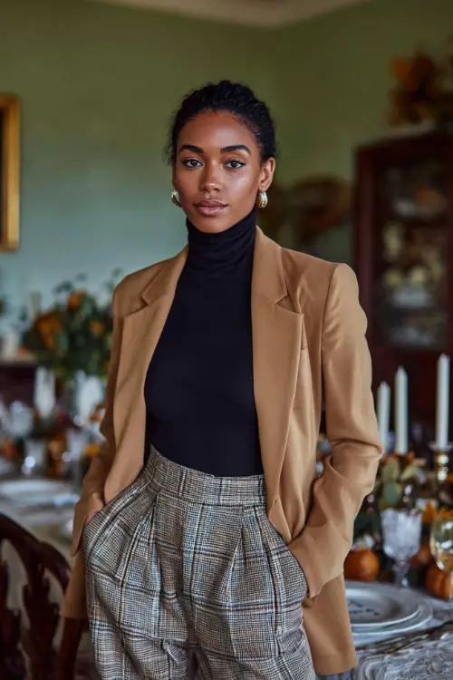 A Black woman in a camel blazer over a black turtleneck and plaid trousers, standing in a stylish dining room with Thanksgiving table settings 
