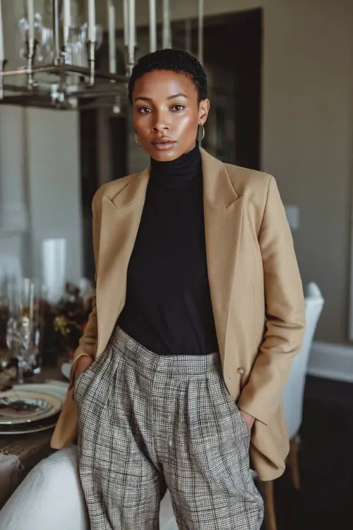 A Black woman in a camel blazer over a black turtleneck and plaid trousers, standing in a stylish dining room with Thanksgiving table settings 