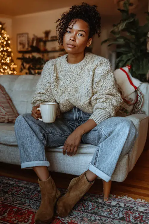 A Black woman in a cream knit sweater tucked into high-waisted jeans and ankle boots, holding a mug of coffee in a cozy living room decorated for Thanksgiving 
