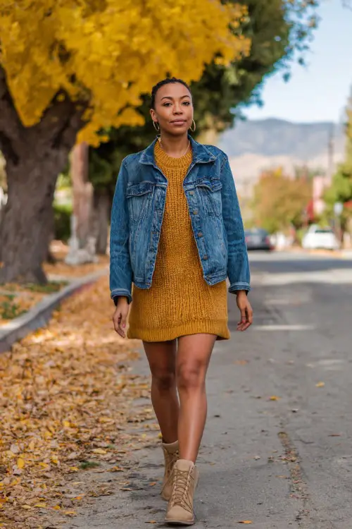 A Black woman in a denim jacket layered over a mustard sweater dress and ankle boots, walking down a tree-lined street covered in autumn leaves 