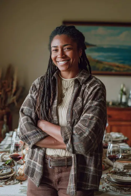 A Black woman in a plaid shacket over a cream top and brown leggings with boots, smiling beside family at a Thanksgiving dinner table 