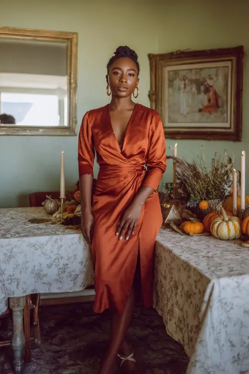 A Black woman wears a burnt-orange satin wrap dress with gold hoop earrings and heeled sandals, standing beside a Thanksgiving dinner table with candles and pumpkins