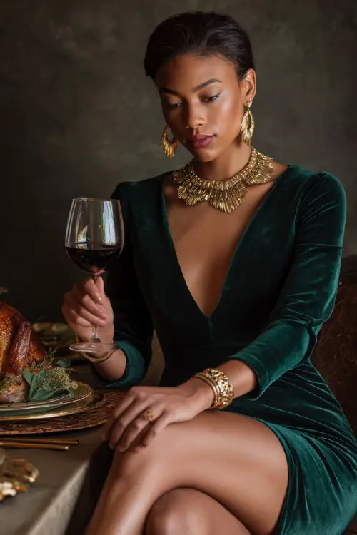 A Black woman wears a dark green velvet dress with gold accessories and heels, holding a glass of wine at an elegant Thanksgiving dinner